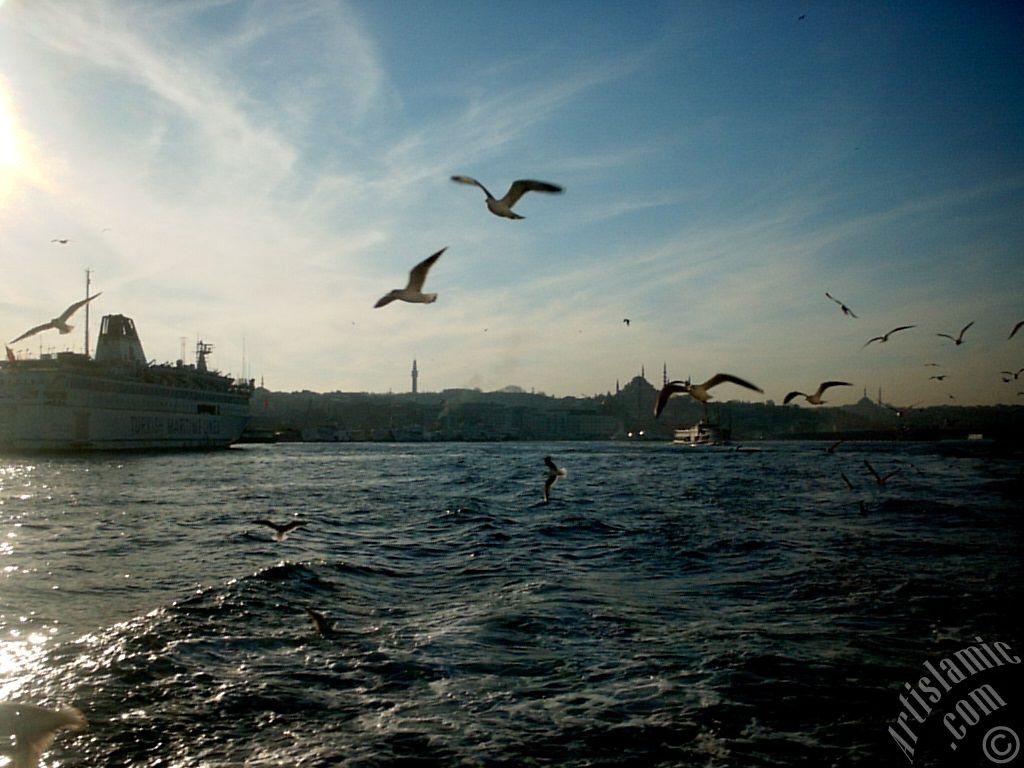 Sarayburnu sahilinden Emin�n�, Beyaz�t Kulesi, S�leymaniye ve Fatih Camilerine bak��.
